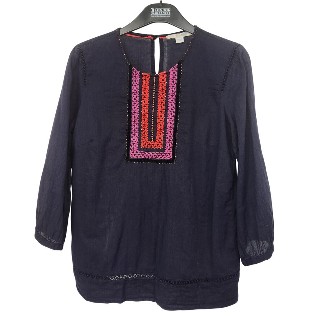 Boden Navy Olivia Embroidered Cotton 3/4 Sleeve Tunic Top Women's 6
